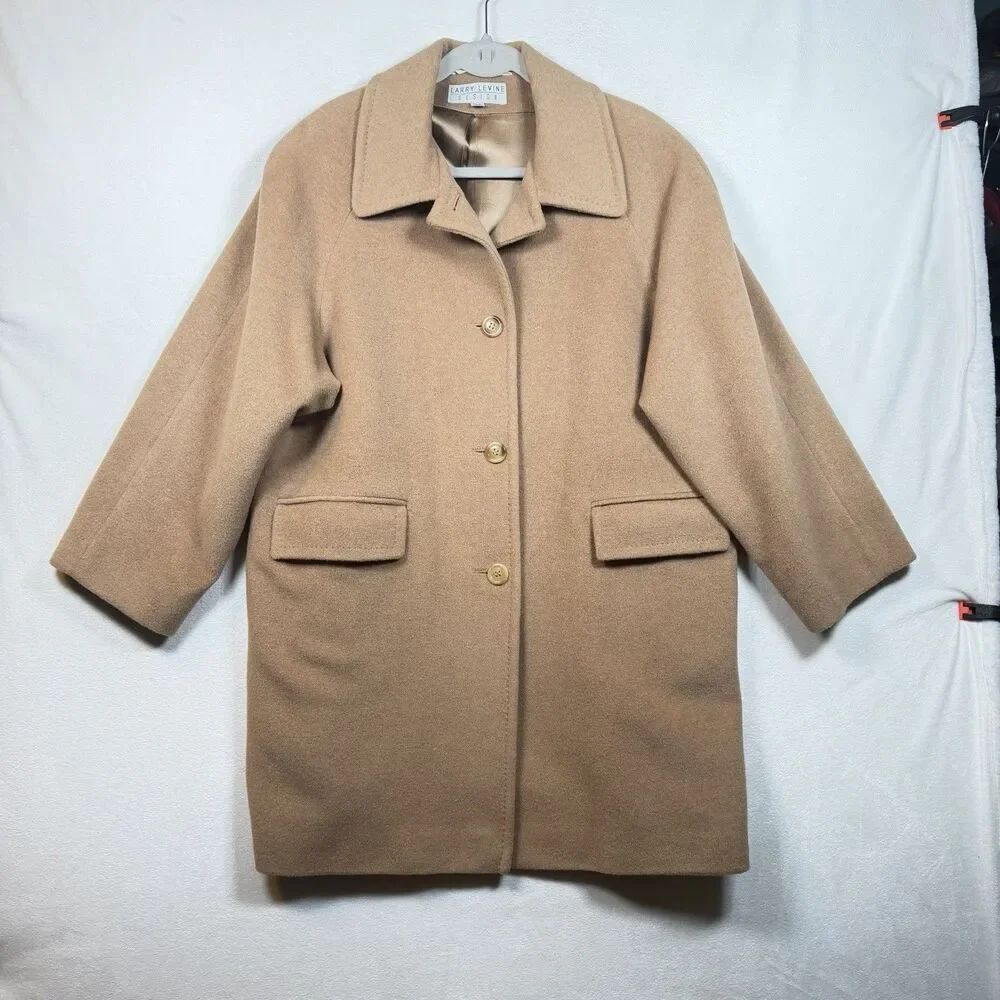 Larry Levine 100% Camel Hair Coat 14P Petite Tan Natural Overcoat Italy Fabric